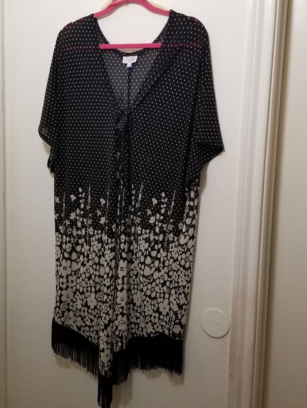 Siren Lily Women's 1X Black & White Polka-to-Floral Fringe Open-Front Kimono